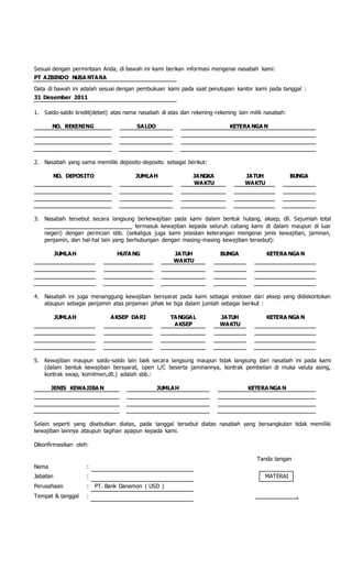 Sesuai dengan permintaan Anda, di bawah ini kami berikan informasi mengenai nasabah kami:
PT AZBINDO NUSA NTARA
Data di bawah ini adalah sesuai dengan pembukuan kami pada saat penutupan kantor kami pada tanggal :
31 Desember 2011
1. Saldo-saldo kredit(debet) atas nama nasabah di atas dan rekening-rekening lain milik nasabah:
NO. REKENING SALDO KETERA NGA N
2. Nasabah yang sama memiliki deposito-deposito sebagai berikut:
NO. DEPOSITO JUMLAH JANGKA
WAKTU
JATUH
WAKTU
BUNGA
3. Nasabah tersebut secara langsung berkewajiban pada kami dalam bentuk hutang, aksep, dll. Sejumlah total
____________________________ termasuk kewajiban kepada seluruh cabang kami di dalam maupun di luar
negeri) dengan perincian sbb. (sekaligus juga kami jelaskan keterangan mengenai jenis kewajiban, jaminan,
penjamin, dan hal-hal lain yang berhubungan dengan masing-masing kewajiban tersebut):
JUMLAH HUTA NG JATUH
WAKTU
BUNGA KETERA NGA N
4. Nasabah ini juga menanggung kewajiban bersyarat pada kami sebagai endoser dari aksep yang didiskontokan
ataupun sebagai penjamin atas pinjaman pihak ke tiga dalam jumlah sebagai berikut :
JUMLAH AKSEP DARI TANGGAL
AKSEP
JATUH
WAKTU
KETERA NGA N
5. Kewajiban maupun saldo-saldo lain baik secara langsung maupun tidak langsung dari nasabah ini pada kami
(dalam bentuk kewajiban bersyarat, open L/C beserta jaminannya, kontrak pembelian di muka valuta asing,
kontrak swap, komitmen,dll.) adalah sbb.:
JENIS KEWAJIBA N JUMLAH KETERA NGA N
Selain seperti yang disebutkan diatas, pada tanggal tersebut diatas nasabah yang bersangkutan tidak memiliki
kewajiban lainnya ataupun tagihan apapun kepada kami.
Dikonfirmasikan oleh:
Tanda tangan
Nama :
Jabatan : MATERAI
Perusahaan : PT. Bank Danamon ( USD )
Tempat & tanggal : ,
 
