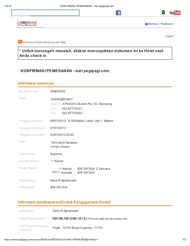 Konfirmasi pemesanan dari pegipegi