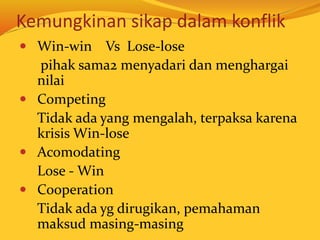 Kemungkinan sikap dalam konflik
 Win-win Vs Lose-lose
pihak sama2 menyadari dan menghargai
nilai
 Competing
Tidak ada yang mengalah, terpaksa karena
krisis Win-lose
 Acomodating
Lose - Win
 Cooperation
Tidak ada yg dirugikan, pemahaman
maksud masing-masing
 