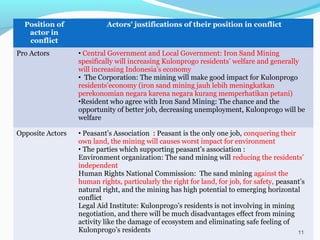 Position of
actor in
conflict

Actors’ justifications of their position in conflict

Pro Actors

• Central Government and Local Government: Iron Sand Mining
spesifically will increasing Kulonprogo residents’ welfare and generally
will increasing Indonesia’s economy
• The Corporation: The mining will make good impact for Kulonprogo
residents’economy (iron sand mining jauh lebih meningkatkan
perekonomian negara karena negara kurang memperhatikan petani)
•Resident who agree with Iron Sand Mining: The chance and the
opportunity of better job, decreasing unemployment, Kulonprogo will be
welfare

Opposite Actors

• Peasant’s Association : Peasant is the only one job, conquering their
own land, the mining will causes worst impact for environment
• The parties which supporting peasant’s association :
Environment organization: The sand mining will reducing the residents’
independent
Human Rights National Commission: The sand mining against the
human rights, particularly the right for land, for job, for safety, peasant’s
natural right, and the mining has high potential to emerging horizontal
conflict
Legal Aid Institute: Kulonprogo’s residents is not involving in mining
negotiation, and there will be much disadvantages effect from mining
activity like the damage of ecosystem and eliminating safe feeling of
Kulonprogo’s residents
11

 