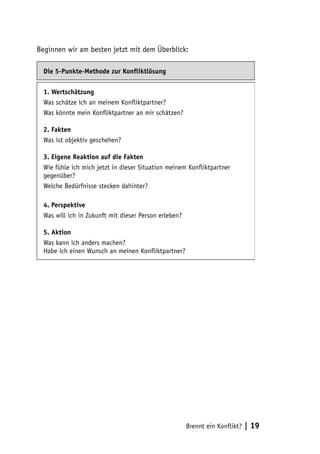 Beginnen wir am besten jetzt mit dem Überblick:
Die 5-Punkte-Methode zur Konfliktlösung
1. Wertschätzung
Was schätze ich an meinem Konfliktpartner?
Was könnte mein Konfliktpartner an mir schätzen?
2. Fakten
Was ist objektiv geschehen?
3. Eigene Reaktion auf die Fakten
Wie fühle ich mich jetzt in dieser Situation meinem Konfliktpartner
gegenüber?
Welche Bedürfnisse stecken dahinter?
4. Perspektive
Was will ich in Zukunft mit dieser Person erleben?
5. Aktion
Was kann ich anders machen?
Habe ich einen Wunsch an meinen Konfliktpartner?

Brennt ein Konflikt?

| 19

 