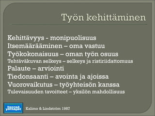 Kehittävyys - monipuolisuus Itsemäärääminen – oma vastuu Työkokonaisuus – oman työn osuus Tehtäväkuvan selkeys – selkeys ja ristiriidattomuus Palaute – arviointi Tiedonsaanti – avointa ja ajoissa Vuorovaikutus – työyhteisön kanssa Tulevaisuuden tavoitteet – yksilön mahdollisuus Kalimo & Lindström 1987 