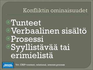 Tunteet Verbaalinen sisältö Prosessi Syyllistävää tai  erimielistä Vrt. CRIP=content, relational, interest,process 