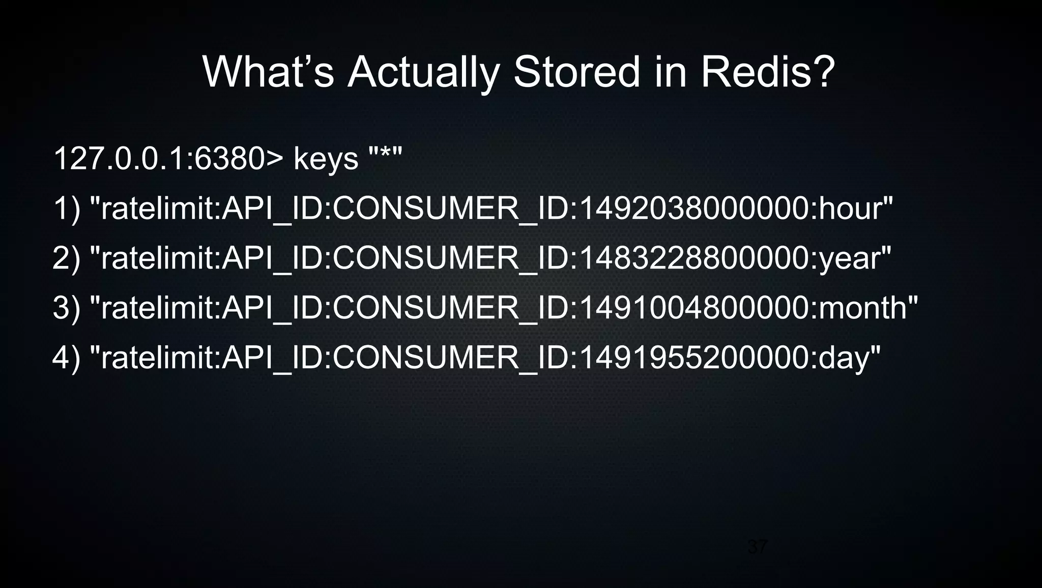 37
What’s Actually Stored in Redis?
127.0.0.1:6380> keys "*"
1) "ratelimit:API_ID:CONSUMER_ID:1492038000000:hour"
2) "ratelimit:API_ID:CONSUMER_ID:1483228800000:year"
3) "ratelimit:API_ID:CONSUMER_ID:1491004800000:month"
4) "ratelimit:API_ID:CONSUMER_ID:1491955200000:day"
 