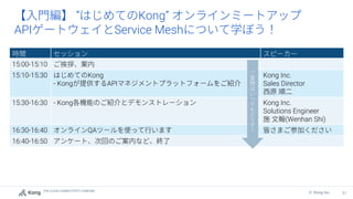 THE CLOUD CONNECTIVITY COMPANY
51
© Kong Inc.
” Kong”
API Service Mesh
” Kong”
15:00-15:10
15:10-15:30 Kong
- Kong API
Kong Inc.
Sales Director
15:30-16:30 - Kong Kong Inc.
Solutions Engineer
(Wenhan Shi)
16:30-16:40 QA
16:40-16:50
 