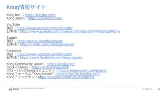 THE CLOUD CONNECTIVITY COMPANY
62
© Kong Inc. 62
Kong
Kong Inc. https://konghq.com/
Kong Japan https://jp.konghq.com/
YouTube
https://www.youtube.com/c/KongInc
https://www.youtube.com/channel/UCFrlBqxfp2MMBE6XgjMKQtw
Twitter
https://twitter.com/thekonginc
https://twitter.com/thekongincjapan
Facebook
https://www.facebook.com/konginc/
https://www.facebook.com/kongincjapan
Kong Community, Japan https://kongjp.org/
Slack Channel https://bit.ly/kongjpslack
Kong https://konghq.com/community
Kong Kong Nation” https://discuss.konghq.com/
Kong https://konghq.com/kong-champions
 