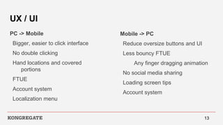 UX / UI
Mobile -> PC
Reduce oversize buttons and UI
Less bouncy FTUE
Any finger dragging animation
No social media sharing
Loading screen tips
Account system
PC -> Mobile
Bigger, easier to click interface
No double clicking
Hand locations and covered
portions
FTUE
Account system
Localization menu
13
 