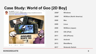 Case Study: World of Goo [2D Boy]
8
2008* Windows
2008* WiiWare (North America)
2008 Mac
2009 Linux
2009 WiiWare (Japan)
2010 iOS (iPad)
2011 iOS (iPhone)
2011 Android
2013 BlackBerry
2017 Nintendo Switch
 