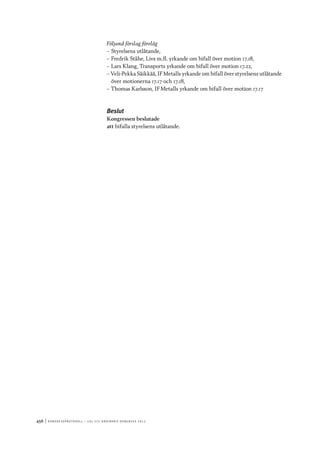 456	|	Ko n g r e ss p r oto k oll – L O s 2 7 e o r d i n a r i e k o n g r e ss 2 0 1 2
Följand förslag förelåg
–– Styrelsens utlåtande,
–– Fredrik Ståhe, Livs m.fl. yrkande om bifall över motion 17.18,
–– Lars Klang, Transports yrkande om bifall över motion 17.22,
–– Veli-Pekka Säikkää, IF Metalls yrkande om bifall över styrelsens utlåtande
över motionerna 17.17 och 17.18,
–– Thomas Karlsson, IF Metalls yrkande om bifall över motion 17.17
Beslut
Kongressen beslutade
att	bifalla styrelsens utlåtande.
 