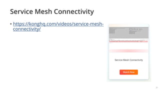Service Mesh Connectivity
• https://konghq.com/videos/service-mesh-
connectivity/
31
 