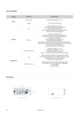 184 04.Module
Key Technology
Category Parameter Specification
Power
Power Input Lithium Polymer Battery, 1 Cell
Charge 5V, Micro USB Connector
Arduino
Core
High Performance, Low Power
Atmel® AVR® 8-Bit Microcontroller Family
Advanced RISC Architecture
High Endurance Non-Volatile Memory Segments
Atmel® Qtouch® Library Support
Functions
23 Programmable I/O Lines
8-Bit Timer/Counters x 2, 16-Bit Timer/Counter x 1
Real Time Counter with Separate Oscillator
10-Bit ADC x 8 Channel
Master/Slave SPI Serial Interface x 2
Programmable Serial USART x 1
Byte-Oriented 2-Wire Serial Interface(Philips I²C compatible) x 1
Programmable Watchdog Timer with Separate On-Chip Oscillator
On-Chip Analog Comparator x 1
Interrupt and Wake-Up on Pin Change
Power Consumption
Operating Voltage 1.8 – 5.5V
Speed Grade 0 – 10MHz @ 2.7 – 5.5V
Power Consumption at 1MHz
Active: 0.2mA, Power-Down: 0.1µA Power-Save: 0.75µA
Bluetooth LE
Core
ARM® Cortex®-M4 32-Bit Processor with FPU, 64MHz
215 EEMBC CoreMark® Score running from flash memory
58µA/MHz running from flash memory
51.6µA/MHz running from RAM
2.4GHz Transceiver
-96dBm Sensitivity in Bluetooth Low Energy mode
-20 to +4dBm TX Power, Configurable in 4dB steps
On-Chip Balun
Pattern Antenna
Dimension
Top View (mm) Bottom View (mm)
45.0000
17.8000
 
