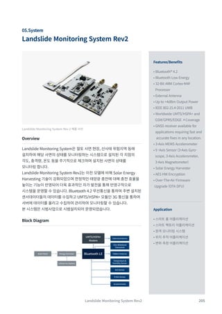 205
Landslide Monitoring System Rev2
05.System
Features/Benefits
Application
• Bluetooth® 4.2
• Bluetooth Low Energy
• 32-Bit ARM Cortex-M4F
Processor
• External Antenna
• Up to +4dBm Output Power
• IEEE 802.15.4-2011 UWB
• Worldwide UMTS/HSPA+ and
GSM/GPRS/EDGE ㅊCoverage
• GNSS receiver available for
applications requiring fast and
accurate fixes in any location.
• 3-Axis MEMS Accelerometer
• 9 -Axis Sensor (3-Axis Gyro-
scope, 3-Axis Accelerometer,
3-Axis Magnetometer)
• Solar Energy Harvester
• AES HW Encryption
• Over-The-Air Firmware
Upgrade (OTA DFU)
• 스마트 홈 어플리케이션
• 스마트 팩토리 어플리케이션
• 원격 모니터링 시스템
• 위치 추적 어플리케이션
• 변위 측정 어플리케이션
Landslide Monitoring System Rev 2 제품 사진
Overview
Landslide Monitoring System은 절토 사면 현장, 산사태 위험지역 등에
설치하여 해당 사면의 상태를 모니터링하는 시스템으로 설치된 각 지점의
각도, 충격량, 온도 등을 주기적으로 체크하며 설치된 사면의 상태를
모니터링 합니다.
Landslide Monitoring System Rev2는 이전 모델에 비해 Solar Energy
Harvesting 기술이 강화되었으며 한정적인 태양광 충전에 대해 충전 효율을
높이는 기능이 반영되어 더욱 효과적인 자가 발전을 통해 반영구적으로
시스템을 운영할 수 있습니다. Bluetooth 4.2 무선통신을 통하여 주변 설치된
센서데이터들의 데이터를 수집하고 UMTS/HSPA+ 모듈인 3G 통신을 통하여
서버에 데이터를 올리고 수집하여 관리하여 모니터링할 수 있습니다.
본 시스템은 시범사업으로 시범설치되어 운영되었습니다.
Block Diagram
Solar Panel Energy Harvester
Lithium Ion Battery
UMTS/HSPA+
Modem
External Antenna
Pattern Antenna
ALS Sensor
9-Axis Sensor
Accelerometer
Temperature &
Humidity Sensor
Ultra Wideband
Transceiver
Bluetooth LE
Landslide Monitoring System Rev2
 