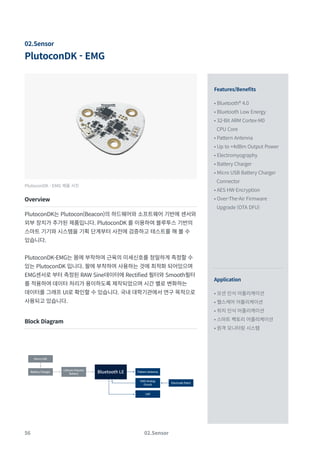 56
PlutoconDK - EMG
02.Sensor
Features/Benefits
Application
• Bluetooth® 4.0
• Bluetooth Low Energy
• 32-Bit ARM Cortex-M0
CPU Core
• Pattern Antenna
• Up to +4dBm Output Power
• Electromyography
• Battery Charger
• Micro USB Battery Charger
Connector
• AES HW Encryption
• Over-The-Air Firmware
Upgrade (OTA DFU)
• 모션 인식 어플리케이션
• 헬스케어 어플리케이션
• 위치 인식 어플리케이션
• 스마트 팩토리 어플리케이션
• 원격 모니터링 시스템
PlutoconDK - EMG 제품 사진
Overview
Block Diagram
PlutoconDK는 Plutocon(Beacon)의 하드웨어와 소프트웨어 기반에 센서와
외부 장치가 추가된 제품입니다. PlutoconDK 를 이용하여 블루투스 기반의
스마트 기기와 시스템을 기획 단계부터 사전에 검증하고 테스트를 해 볼 수
있습니다.
PlutoconDK-EMG는 몸에 부착하여 근육의 미세신호를 정밀하게 측정할 수
있는 PlutoconDK 입니다. 팔에 부착하여 사용하는 것에 최적화 되어있으며
EMG센서로 부터 측정된 RAW Sine데이터에 Rectified 필터와 Smooth필터
를 적용하여 데이터 처리가 용이하도록 제작되었으며 시간 별로 변화하는
데이터를 그래프 UI로 확인할 수 있습니다. 국내 대학기관에서 연구 목적으로
사용되고 있습니다.
02.Sensor
Micro USB
Battery Charger Bluetooth LE Pattern Antenna
Electrode Patch
EMG Analog
Circuit
LED
Lithium Polymer
Battery
 
