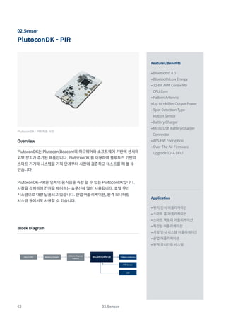 62 02.Sensor
PlutoconDK - PIR
02.Sensor
Features/Benefits
Application
• Bluetooth® 4.0
• Bluetooth Low Energy
• 32-Bit ARM Cortex-M0
CPU Core
• Pattern Antenna
• Up to +4dBm Output Power
• Spot Detection Type
Motion Sensor
• Battery Charger
• Micro USB Battery Charger
Connector
• AES HW Encryption
• Over-The-Air Firmware
Upgrade (OTA DFU)
• 위치 인식 어플리케이션
• 스마트 홈 어플리케이션
• 스마트 팩토리 어플리케이션
• 화장실 어플리케이션
• 사람 인식 시스템 어플리케이션
• 산업 어플리케이션
• 원격 모니터링 시스템
PlutoconDK - PIR 제품 사진
Overview
Block Diagram
PlutoconDK는 Plutocon(Beacon)의 하드웨어와 소프트웨어 기반에 센서와
외부 장치가 추가된 제품입니다. PlutoconDK 를 이용하여 블루투스 기반의
스마트 기기와 시스템을 기획 단계부터 사전에 검증하고 테스트를 해 볼 수
있습니다.
PlutoconDK-PIR은 인체의 움직임을 측정 할 수 있는 PlutoconDK입니다.
사람을 감지하여 전원을 제어하는 솔루션에 많이 사용됩니다. 호텔 무선
시스템으로 대량 납품되고 있습니다. 산업 어플리케이션, 원격 모니터링
시스템 등에서도 사용할 수 있습니다.
Micro USB Battery Charger Bluetooth LE Pattern Antenna
PIR Sensor
LED
Lithium Polymer
Battery
 