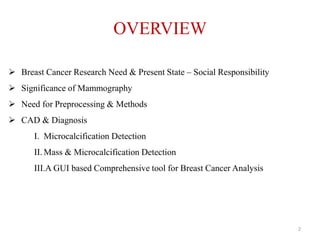 OVERVIEW
 Breast Cancer Research Need & Present State – Social Responsibility
 Significance of Mammography
 Need for Preprocessing & Methods
 CAD & Diagnosis
I. Microcalcification Detection
II. Mass & Microcalcification Detection
III.A GUI based Comprehensive tool for Breast Cancer Analysis
2
 