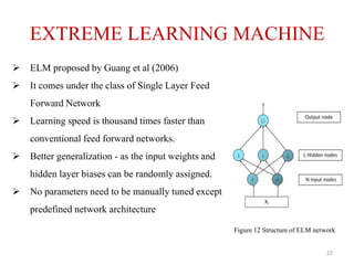 EXTREME LEARNING MACHINE
 ELM proposed by Guang et al (2006)
 It comes under the class of Single Layer Feed
Forward Network
 Learning speed is thousand times faster than
conventional feed forward networks.
 Better generalization - as the input weights and
hidden layer biases can be randomly assigned.
 No parameters need to be manually tuned except
predefined network architecture
Figure 12 Structure of ELM network
22
 