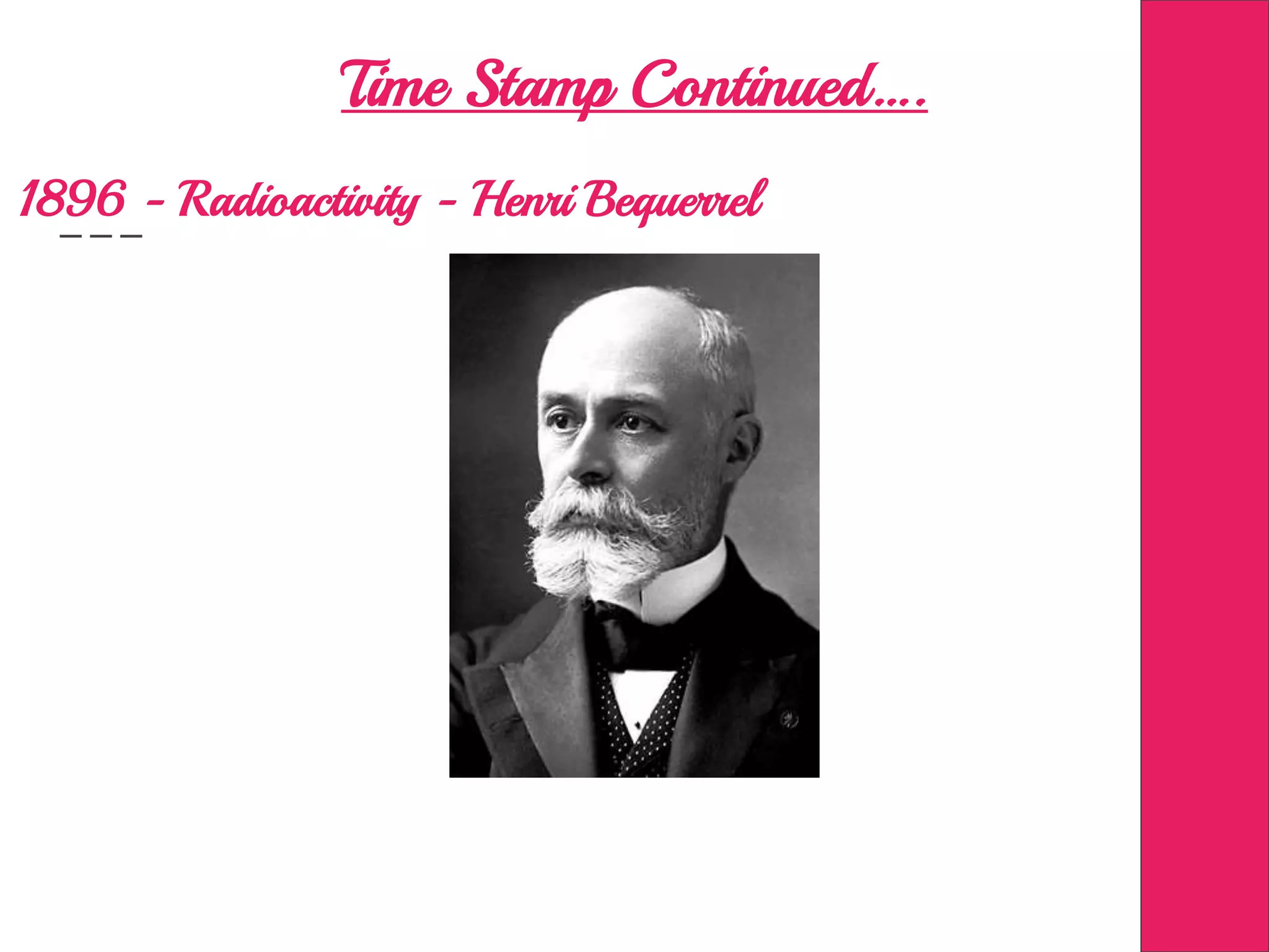 Time Stamp Continued….
1896 - Radioactivity - Henri Bequerrel
 