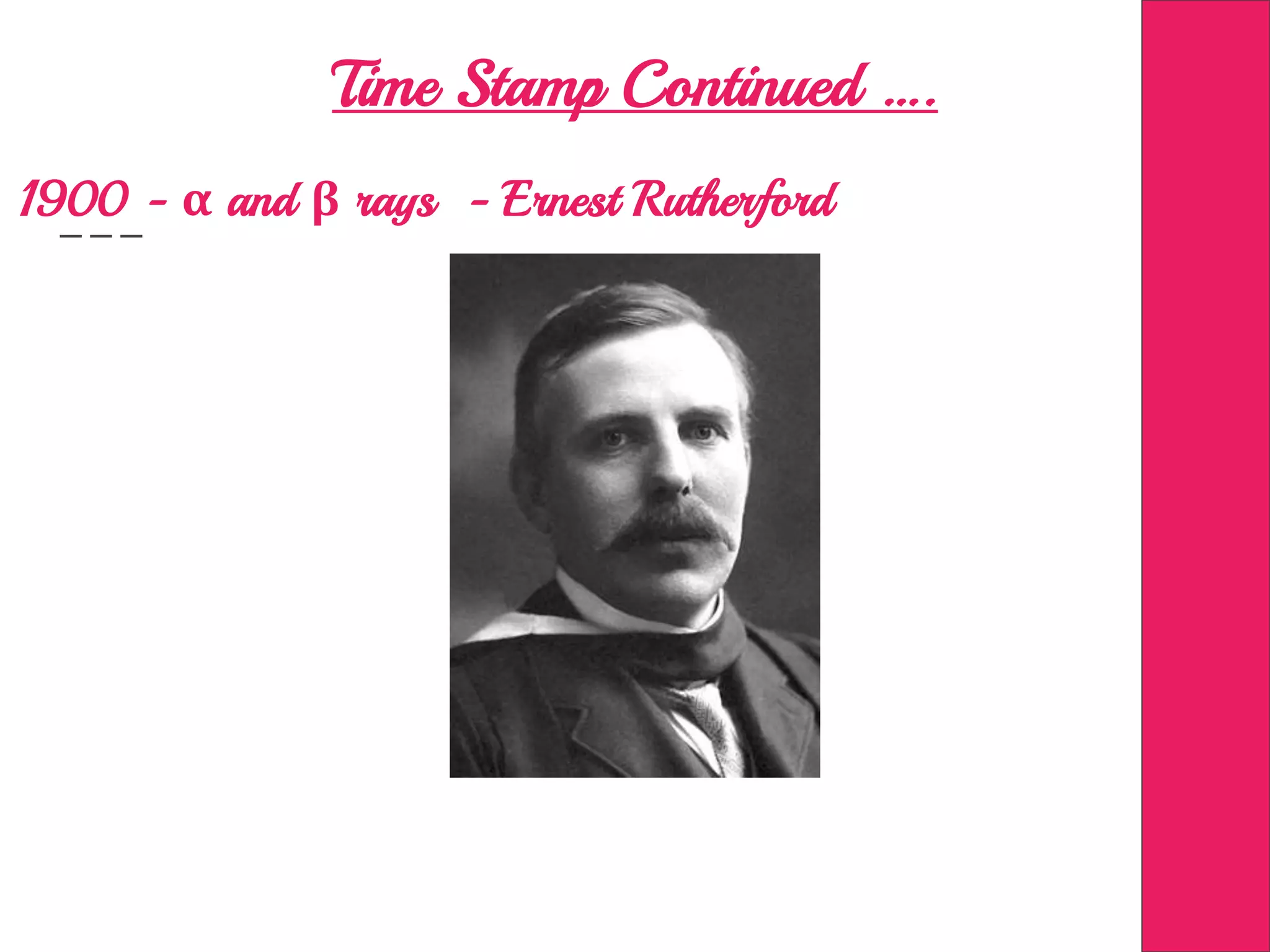 Time Stamp Continued ….
1900 - α and β rays - Ernest Rutherford
 