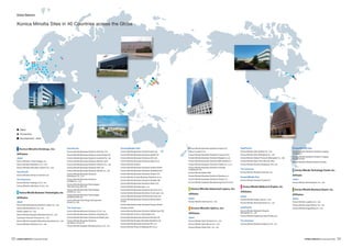 Sales
Production
Development, other
Japan
Konica Minolta IJ Technologies, Inc.
Konica Minolta Planetarium Co., Ltd.
Konica Minolta Information System Co., Ltd.
Asia/Pacific
Konica Minolta (China) Investment Ltd.
The Americas
Konica Minolta Holdings U.S.A. Inc.
Konica Minolta Laboratory U.S.A., Inc.
Japan
Konica Minolta Business Solutions Japan Co., Ltd.
Konica Minolta Bizcom Co., Ltd.
Kinko’s Japan Co., Ltd.
Konica Minolta Supplies Manufacturing Co., Ltd.
Toyohashi Precision Products Co., Ltd
Konica Minolta Supplies Manufacturing Kansai Co., Ltd.
Konica Minolta Electronics Co., Ltd.
Asia/Pacific
Konica Minolta Business Solutions Asia Pte. Ltd.
Konica Minolta Business Solutions India Private Ltd.
Konica Minolta Business Solutions Australia Pty. Ltd.
Konica Minolta Business Solutions (M) Sdn. Bhd.
Konica Minolta Business Solutions Vietnam Co., Ltd.
Konica Minolta Business Solutions (HK) Ltd.
Konica Minolta Business Solutions (WUXI) Co., Ltd.
Konica Minolta Business Solutions
(Shenzhen) Co., Ltd.
Konica Minolta Business Solutions
(CHINA) Co., Ltd.
Konica Minolta Business Technologies
Manufacturing (HK) Ltd.
Konica Minolta Business Technologies
(WUXI) Co., Ltd.
Konica Minolta Business Technologies
(DONGGUAN) Ltd.
Konica Minolta Technology Development
(Wuxi) Co.,Ltd.
The Americas
Konica Minolta Business Solutions U.S.A., Inc.
Konica Minolta Business Solutions (Canada) Ltd.
Konica Minolta Business Solutions do Brasil Ltda.
Konica Minolta Business Solutions
de Mexico SA de CV.
Konica Minolta Supplies Manufacturing U.S.A., Inc.
Europe/Middle East
Konica Minolta Business Solutions East Ltd.
Konica Minolta Business Solutions (Ideal) Ltd.
Konica Minolta Business Solutions (UK) Ltd.
Konica Minolta Business Solutions Italia S.p.A.
Konica Minolta Ukraine
Konica Minolta Business Solutions Austria GmbH
Konica Minolta Business Solutions Nederland B.V.
Konica Minolta Business Solutions Greece S.A.
Konica Minolta Croatia-Business Solutions d.o.o.
Konica Minolta Business Solutions Sweden AB
Konica Minolta Business Solutions Spain S.A.
Konica Minolta Slovakia spol. s.r.o.
Konica Minolta Business Solutions Slovenia d.o.o.
Konica Minolta Business Solutions Czech spol. sr.o.
Konica Minolta Business Solutions Denmark a/s
Konica Minolta Business Solutions Deutschland
GmbH
Konica Minolta Business Solutions Europe GmbH
Develop GmbH
Konica Minolta Business Solutions Middle East FZE
Konica Minolta Turkey iş Teknolojileri A.S.
Konica Minolta Business Solutions Norway AS
Konica Minolta Hungary Business Solutions Ltd.
Konica Minolta Business Solutions SE, Ltd
Konica Minolta Poslovna Rjesenja BH d.o.o.
Konica Minolta Business Solutions Finland Oy
Repro Conseil S.A.S.
Konica Minolta Business Solutions France S.A.S.
Konica Minolta Business Solutions Bulgaria o.o.d.
Konica Minolta Business Solutions (BELGIUM) N.V.
Konica Minolta Business Solutions Polska s.p. z.o.o.
Konica Minolta Business Solutions Portugal,
Unipessoal Lda.
Konica Minolta Baltia UAB
Konica Minolta Business Solutions Romania s.r.l
Konica Minolta Business Solutions Russia LLC
Konica Minolta Supplies Manufacturing France S.A.S.
Japan
Konica Minolta Chemical Co., Ltd.
Japan
Konica Minolta Opto Products Co., Ltd.
Konica Minolta Opto Device Co., Ltd.
Konica Minolta Glass Tech. Co., Ltd.
Konica Minolta Holdings, Inc.
Affiliates
Konica Minolta Business Technologies, Inc.
Affiliates
Asia/Pacific
Konica Minolta Opto (Dalian) Co., Ltd.
Konica Minolta Opto (Shanghai) Co., Ltd.
Konica Minolta Optical Products (Shanghai) Co., Ltd.
Konica Minolta Glass Tech (M) Sdn. Bhd.
Konica Minolta Sensing Singapore, Pte. Ltd.
The Americas
Konica Minolta Sensing Americas, Inc.
Europe/Middle East
Konica Minolta Sensing Europe B.V.
Japan
Konica Minolta Health Care Co., Ltd.
Konica Minolta Technoproducts Co., Ltd.
Asia/Pacific
Konica Minolta Medical & Graphic
(Shanghai) Co., Ltd.
Konica Minolta Healthcare India Private Ltd.
The Americas
Konica Minolta Medical Imaging U.S.A., Inc.
Europe/Middle East
Konica Minolta Medical & Graphic Imaging
Europe B.V.
Konica Minolta Medical & Graphic Imaging
Europe GmbH
Konica Minolta Medical Systems Russia
Japan
Konica Minolta Technosearch Co., Ltd.
Japan
Konica Minolta Logistics Co., Ltd.
Konica Minolta Sogo Service Co., Ltd.
Konica Minolta Engineering Co., Ltd.Konica Minolta Optics, Inc.
Affiliates
Konica Minolta Advanced Layers, Inc.
Affiliate
Konica Minolta Medical & Graphic, Inc.
Affiliates
Konica Minolta Technology Center, Inc.
Affiliate
Konica Minolta Business Expert, Inc.
Affiliates
Global Network
Konica Minolta Sites in 40 Countries across the Globe
33 34Corporate Profile Corporate Profile
 