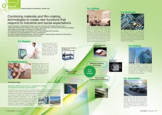 Organic Light Emitting Diode (OLED) Lighting offers
benefits like high luminous efficacy, surface light
source, and avoidance of heavy metals, and,
therefore, is being viewed as a promising
next-generation lighting technology. Konica Minolta
has developed its own blue phosphorescent materi-
als and commercialized the world’s first OLED panel
using only phosphorescent materials. These OLED
panels entail little environmental burden, provide
light that is easy on the eyes, and we will bring a
wider variety of applications going forward.
The ongoing miniaturization of semiconductor
devices requires the use of photo fabrication
technology that optically reproduces circuit patterns.
Drawing on photosensitive materials technologies
developed over many years, Konica Minolta offers
high-precision photo plates that enable high-quality,
exceptionally faithful reproductions as optimal mask
materials for photo-fabrication.
Konica Minolta also offers window film for automo-
bile glass, which must meet the highest safety
standards. These films feature high infrared
reflectance to prevent car interiors from heating up,
and excellent electromagnetic wave transparency to
avoid interference with ETC (automatic toll
collection) and other vehicle-mounted communica-
tions devices.
Konica Minolta has a line of functional window films
that offer heat insulation, a combination of heat
insulation and dirt-resistance, dirt-resistance, and
shatter resistance. When applied to windows, these
films contribute to energy efficiency by providing
outstanding heat insulation and reducing
air-conditioning and heating usage.
Liquid crystal displays used in
televisions, personal computers,
smartphones, and a wide variety
of other applications. Konica
Minolta provides TAC film for
protecting LCD polarizers, VA-TAC
film that increases the viewing
angle for LCD screens, and other
high-value-added products.
Next-generation displays for products
like smartphones, tablet PCs, and
ultrabooks require flexible devices
incorporating extremely thin and
durable plastic panels. High-barrier
film combining outstanding protection
characteristics and flexibility contribute
to higher quality in flexible devices.
Concentrated solar power generation uses large numbers of mirrors to reflect and concentrate
sunlight as a heat source for generating electric power. Because these power stations are located
in deserts and other places with abundant sunlight, the film mirrors, which are key to the system,
must be able to maintain their reflectance in harsh environments. Konica Minolta, leveraging the
advanced materials technologies it has cultivated
over the years, has developed film mirrors with high
reflectance and outstanding durability. Moving ahead,
we will accelerate our commercialization efforts to
contribute to the proliferation and development of
solar thermal electric power generation systems.
Core
Tech-
nologies
For Lighting
For Electronics
For Automobiles
For Building
Functional film
for windows
Barrier film
High-precision
photo plates
Organic Light Emitting
Diode Lighting
TAC film for LCD polarizers
VA-TAC film for
increasing viewing angle
Material synthesis
technology
Film-making
and coating technology
Material design
technology
For Mobile Displays
For Displays
Applying materials technology to develop film mirrors
for solar thermal electric power systems
T e c h n o l o g y
Mirror film Concentrated solar power
generators
Combining materials and film-making
technologies to create new functions that
respond to industrial and social expectations
Organic synthesis, compositional design, and other materials technologies that give rise to
unique high-performance materials, and coating, vapor deposition, and other film-making technologies
that employ a broad range of methods for making fine films.
Konica Minolta uses these technologies, which it has developed over the years,
to contribute to social prosperity for a new era through film
and other materials offering protection, thermal insulation, waterproofing, polarizing, luminescence,
and other functions required by industry and society.
15 16Corporate Profile Corporate Profile
Business Field 3
KONICA MINOLTA ADVANCED LAYERS, INC.
Performance
Materials Business
 