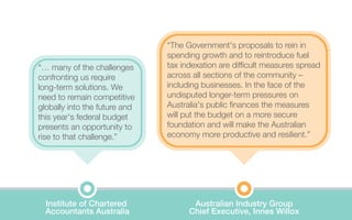 Australian Industry Group
Chief Executive, Innes Willox
Institute of Chartered
Accountants Australia
“… many of the challenges
confronting us require
long-term solutions. We
need to remain competitive
globally into the future and
this year's federal budget
presents an opportunity to
rise to that challenge.”
“The Government's proposals to rein in
spending growth and to reintroduce fuel
tax indexation are difficult measures spread
across all sections of the community –
including businesses. In the face of the
undisputed longer-term pressures on
Australia's public finances the measures
will put the budget on a more secure
foundation and will make the Australian
economy more productive and resilient.”
 