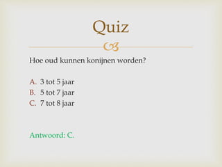 
Hoe oud kunnen konijnen worden?
A. 3 tot 5 jaar
B. 5 tot 7 jaar
C. 7 tot 8 jaar
Antwoord: C.
Quiz
 