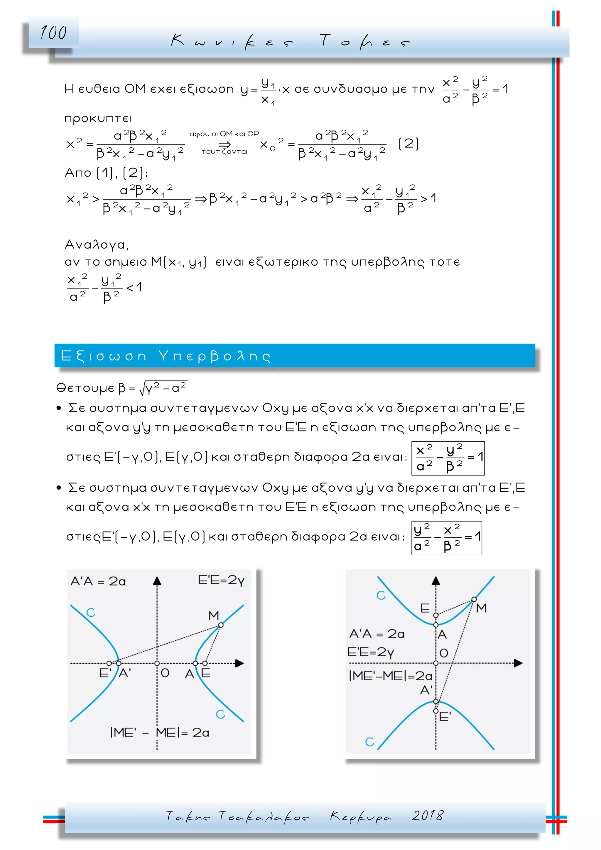 Κ ω ν ι κ ε ς Τ ο μ ε ς100
Τακης Τσακαλακος Κερκυρα 2018
H ευθεια OM εχει εξισωση 1
1
y
y= × x
x
σε συνδυασμο με την
22
2 2
yx
- =1
α β
προκυπτει
2 2 2 2 2 2αφου οι ΟΜ και ΟΡ
2 21 1
02 2 2 2 2 2 2 2ταυτιζονται
1 1 1 1
α β x α β x
x = x =
β x -α y β x -α y
(2)
Απο (1), (2):
2 2 2 2 2
2 2 2 2 2 2 21 1 1
1 1 12 2 2 2 2 2
1 1
α β x x y
x > β x -α y >α β - >1
β x -α y α β
Αναλογα,
αν το σημειο Μ(x1 , y1 ) ειναι εξωτερικο της υπερβολης τοτε
2 2
1 1
2 2
x y
- <1
α β
2 2
Θετουμε β= γ -α
Σε συστημα συντεταγμενων Οxy με αξονα x'x να διερχεται απ'τα Ε',Ε
και αξονα y'y τη μεσοκαθετη του Ε'Ε η εξισωση της υπερβολης με ε-
στιες Ε'(-γ,0), Ε(γ,0) και σταθερη διαφορα 2α ειναι:
Σε συστημα συντεταγμενων Οxy με αξονα y'y να διερχεται απ'τα Ε',Ε
και αξονα x'x τη μεσοκαθετη του Ε'Ε η εξισωση τ
22
2 2
yx
- = 1
α β
ης υπερβολης με ε-
στιεςΕ'(-γ,0), Ε(γ,0) και σταθερη διαφορα 2α ειναι:
2 2
2 2
y x
- = 1
α β
Ε ξ ι σ ω σ η Υ π ε ρ β ο λ η ς
 