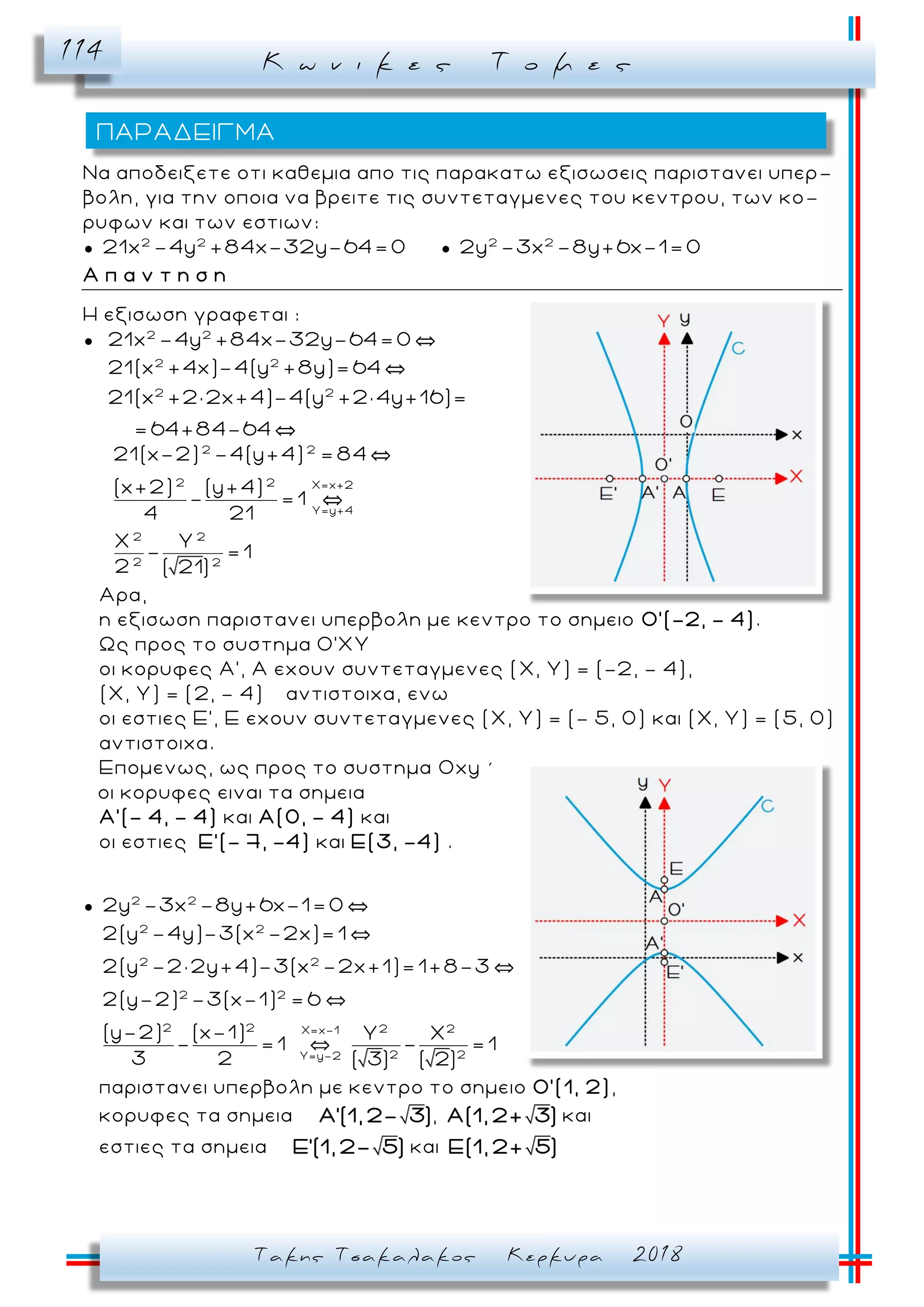 Κ ω ν ι κ ε ς Τ ο μ ε ς114
Τακης Τσακαλακος Κερκυρα 2018
Να αποδειξετε οτι καθεμια απο τις παρακατω εξισωσεις παριστανει υπερ -
βολη, για την οποια να βρειτε τις συντεταγμενες του κεντρου, των κο -
ρυφων και των εστιων:
● 2 2
21x -4y +84x-32y-64= 0 ● 2 2
2y -3x -8y+6x-1= 0
Α π α ν τ η σ η
Η εξισωση γραφεται :
● 2 2
21x -4y +84x-32y-64= 0
2 2
21(x +4x)-4(y +8y)= 64
2 2
21(x +2× 2x+4)-4(y +2× 4y+16)=
=64+84-64
2 2
2 2 X=x+2
Y=y+4
2 2
2 2
21(x-2) -4(y+4) = 84
(x+2) (y+4)
- = 1
4 21
X Y
- = 1
2 ( 21)
Αρα,
η εξισωση παριστανει υπερβολη με κεντρο το σημειο Ο'(-2, - 4).
Ως προς το συστημα Ο'ΧY
οι κορυφες A', Α εχουν συντεταγμενες (X, Y) = (-2, - 4),
(X, Y) = (2, - 4) αντιστοιχα, ενω
οι εστιες E', E εχουν συντεταγμενες (X, Y) = (- 5, 0) και (X, Y) = (5, 0)
αντιστοιχα.
Επομενως, ως προς το συστημα Oxy ΄
οι κορυφες ειναι τα σημεια
Α’(- 4, - 4) και Α(0, - 4) και
οι εστιες Ε’(- 7, -4) και Ε(3, -4) .
● 2 2
2y -3x -8y+6x-1= 0
2 2
2 2
2 2
2 2 2 2X=x-1
2 2Y=y-2
2(y -4y)-3(x -2x)= 1
2(y -2× 2y+4)-3(x -2x+1)= 1+8-3
2(y-2) -3(x-1) = 6
(y-2) (x-1) Y X
- = 1 - = 1
3 2 ( 3) ( 2)
Αρα, η Αρα, η εξισωση
παριστανει υπερβολη με κεντρο το σημειο Ο'(1, 2),
κορυφες τα σημεια A'(1, 2- 3), A(1, 2+ 3) και
εστιες τα σημεια E'(1, 2- 5) και E(1, 2+ 5)
ΠΑΡΑΔΕΙΓΜΑ
 