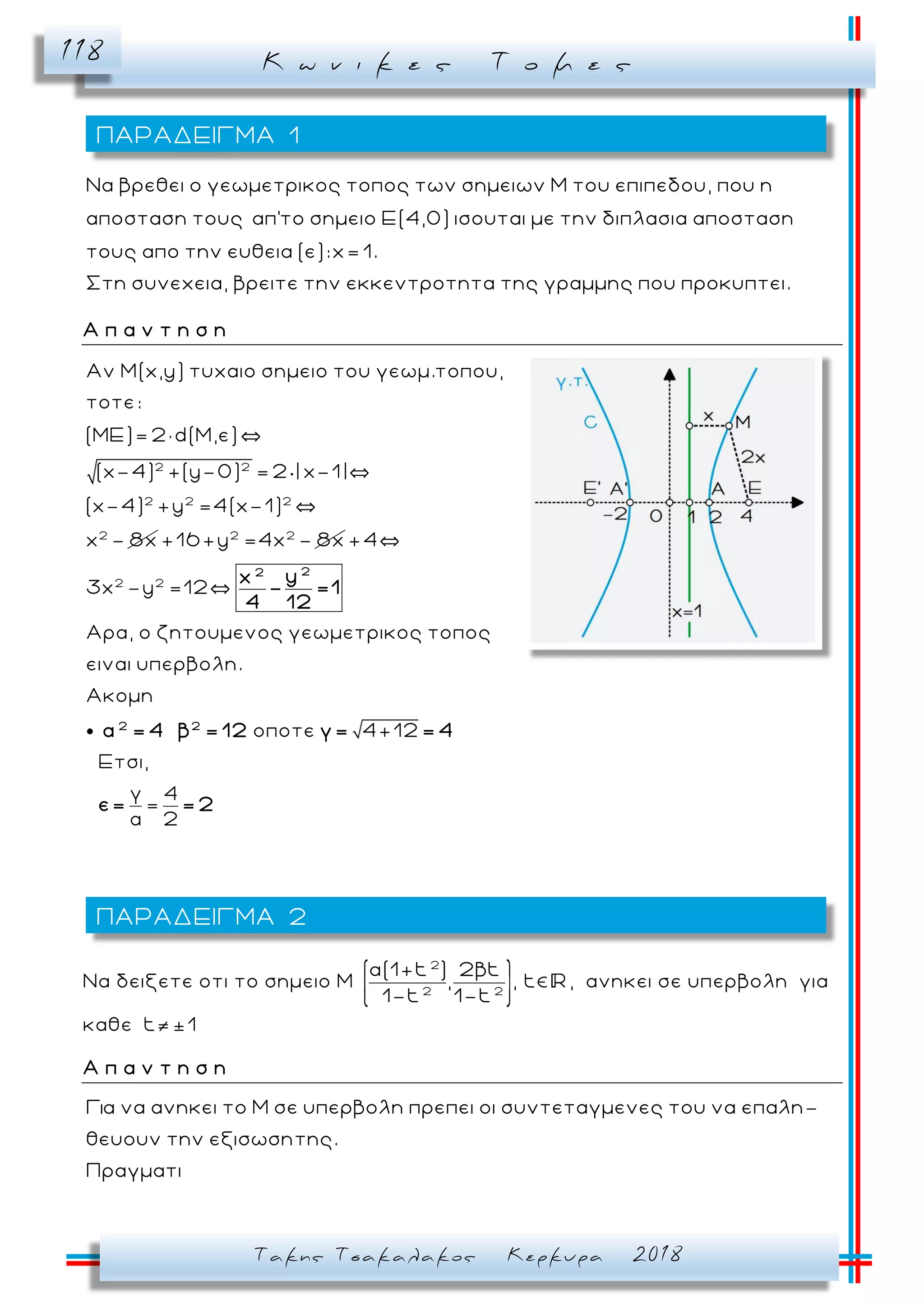 Κ ω ν ι κ ε ς Τ ο μ ε ς118
Τακης Τσακαλακος Κερκυρα 2018
Να βρεθει ο γεωμετρικος τοπος των σημειων Μ του επιπεδου, που η
αποσταση τους απ'το σημειο Ε(4,0) ισουται με την διπλασια αποσταση
τους απο την ευθεια (ε):x= 1.
Στη συνεχεια, βρειτε την εκκεντροτητα της γραμμης που προκυπτει.
Α π α ν τ η σ η
2 2
2 2 2
2
Αν Μ(x,y) τυχαιο σημειο του γεωμ.τοπου,
τοτε:
(ΜΕ)= 2× d(M,ε)
(x-4) +(y-0) = 2 | x-1|
(x-4) +y =4(x-1)
x - 8x 2 2
+16 +y =4x - 8x
2 2
+4
3x -y =12
Αρα, ο ζητουμενος γεωμετρικος τοπος
ειναι υπερβολη.
Ακομη
οποτε 4+12
Ετσι,
γ 4
=
α 2
22
2 2
yx
- =1
4 12
α = 4 β = 12 γ= = 4
ε= = 2
Να δειξετε οτι το σημειο Μ
2
2 2
α(1+t ) 2βt
,
1-t 1-t
, t , ανηκει σε υπερβολη για
καθε t ±1
Α π α ν τ η σ η
να ανηκει το Μ σε υπερβολη πρεπει οι συντεταγμενες του να επαλη-
θευουν την εξισωσητης.
Πραγματι
ΠΑΡΑΔΕΙΓΜΑ 1
ΠΑΡΑΔΕΙΓΜΑ 2
 
