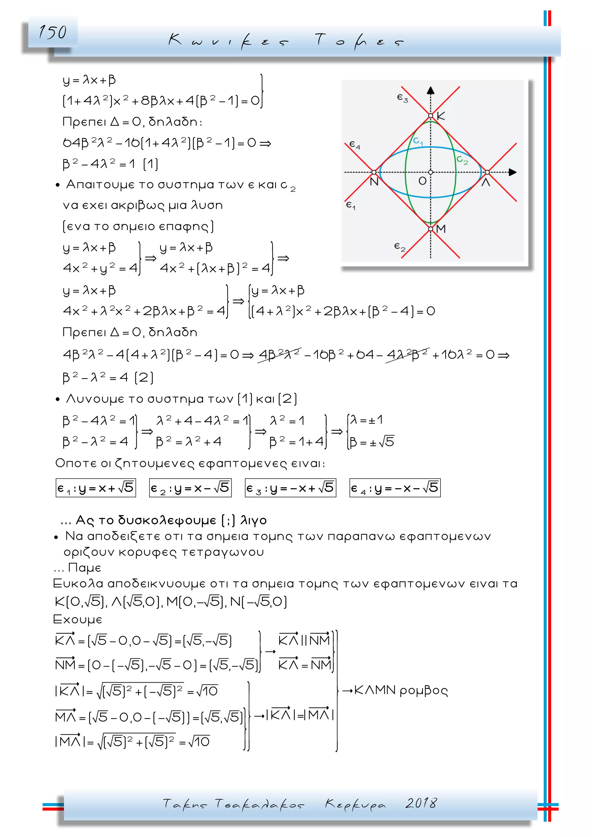 Κ ω ν ι κ ε ς Τ ο μ ε ς150
Τακης Τσακαλακος Κερκυρα 2018
2 2 2
2 2 2 2
2 2
2
y= λx+β
(1+4λ )x +8βλx+4(β -1)= 0
Πρεπει Δ= 0, δηλαδη:
64β λ -16(1+4λ )(β -1)= 0
β -4λ = 1 (1)
Απαιτουμε το συστημα των ε και c
να εχει ακριβως μια λυση
(ε
2 2 2 2
2 2 2 2 2 2 2
2 2 2 2
να το σημειο επαφης)
y= λx+βy= λx+β
4x +y = 4 4x +(λx+β) = 4
y= λx+βy= λx+β
4x +λ x +2βλx+β = 4 (4+λ )x +2βλx+(β -4)= 0
Πρεπει Δ= 0, δηλαδη
4β λ -4(4+λ )(β -4)= 2 2
0 4β λ 2 2 2
-16β +64- 4λ β 2
2 2
2 2 2 2 2
2 2 2 2 2
+16λ = 0
β -λ = 4 (2)
Λυνουμε το συστημα των (1) και (2)
λ=±1β -4λ = 1 λ +4-4λ = 1 λ = 1
β -λ = 4 β = λ +4 β = 1+4 β=± 5
Οποτε οι ζητουμενες εφαπτομενες ειναι:
1 2 3 4
ε : y= x+ 5 ε : y= x- 5 ε : y=-x+ 5 ε : y=-x- 5
... Ας το δυσκολεψουμε (;) λιγο
 Να αποδειξετε οτι τα σημεια τομης των παραπανω εφαπτομενων
οριζουν κορυφες τετραγωνου
... Παμε
Ευκολα αποδεικνυουμε οτι τα σημεια τομης των εφαπτομενων ειναι τα
Κ(0, 5), Λ( 5,0), Μ(0,- 5), Ν(- 5,0)
Εχουμε
2 2
2 2
ΚΛ=( 5-0,0- 5)=( 5,- 5) ΚΛ|| ΝΜ
ΝΜ=(0-(- 5),- 5-0)=( 5,- 5) ΚΛ ΝΜ
| ΚΛ|= ( 5) +(- 5) = 10
| ΚΛ|=| ΜΛ|ΜΛ=( 5-0,0-(- 5))=( 5, 5)
| ΜΛ|= ( 5) +( 5) = 10
ΚΛΜΝ ρομβος
 