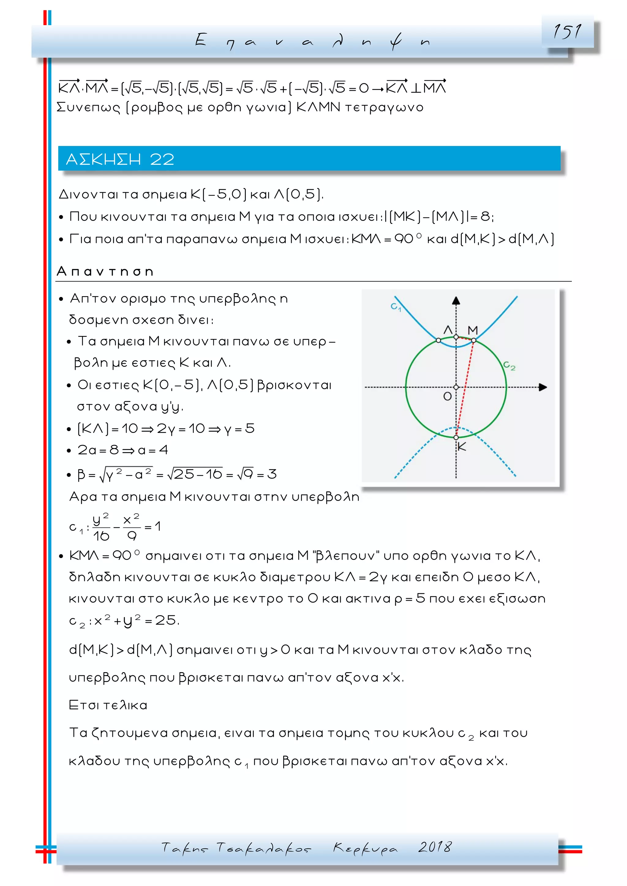Ε π α ν α λ η ψ η 151
Τακης Τσακαλακος Κερκυρα 2018
ΚΛ ΜΛ=( 5,- 5) ( 5, 5)= 5 5 (- 5) 5=0 ΚΛ ΜΛ
Συνεπως (ρομβος με ορθη γωνια) ΚΛΜΝ τετραγωνο
0
Δινονται τα σημεια Κ(-5,0) και Λ(0,5).
Που κινουνται τα σημεια Μ για τα οποια ισχυει:|(ΜΚ)-(ΜΛ)|= 8;
Για ποια απ'τα παραπανω σημεια Μ ισχυει: ΚΜΛ= 90 και d(M,K)> d(M,Λ)
Α π α ν τ η σ η
Απ'τον ορισμο της υπερβολης η
δοσμενη σχεση δινει:
Τα σημεια Μ κινουνται πανω σε υπερ-
βολη με εστιες Κ και Λ.
Οι εστιες Κ(0,-5), Λ(0,5) βρισκονται
2 2
2 2
1
0
στον αξονα y'y.
(KΛ)= 10 2γ= 10 γ= 5
2α= 8 = 4
β= γ -α = 25-16 = 9 = 3
Αρα τα σημεια Μ κινουνται στην υπερβολη
y x
c : - = 1
16 9
ΚΜΛ= 90 σημαινει οτι τα σημεια Μ "βλεπου
2
ν" υπο ορθη γωνια το ΚΛ,
δηλαδη κινουνται σε κυκλο διαμετρου ΚΛ= 2γ και επειδη Ο μεσο ΚΛ,
κινουνται στο κυκλο με κεντρο το Ο και ακτινα ρ= 5 που εχει εξισωση
c : 2 2
x + = 25.
d(M,K)> d(M,Λ) σημαινει οτι y> 0 και τα Μ κινουνται στον κλαδο της
υπερβολης που βρισκεται πανω απ'τον αξονα x'x.
Eτσι τελικα
Τα ζητουμενα σημεια, ειναι τ
y
2
1
α σημεια τομης του κυκλου c και του
κλαδου της υπερβολης c που βρισκεται πανω απ'τον αξονα x'x.
ΑΣΚΗΣΗ 22
 