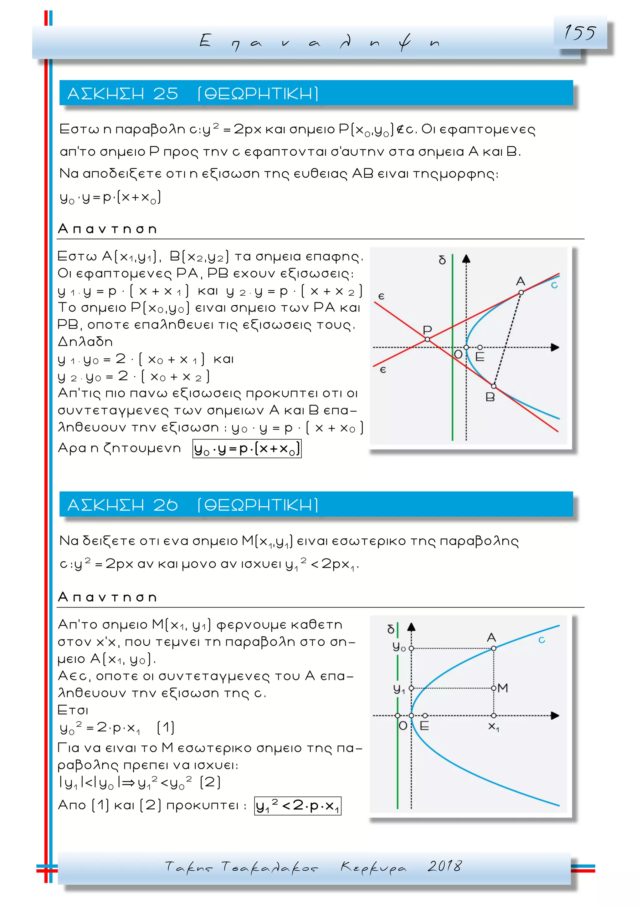Ε π α ν α λ η ψ η 155
Τακης Τσακαλακος Κερκυρα 2018
2
0 0
Εστω η παραβολη c:y = 2px και σημειο Ρ(x ,y ) c. Oι εφαπτομενες
απ'το σημειο Ρ προς την c εφαπτονται σ'αυτην στα σημεια Α και Β.
Να αποδειξετε οτι η εξισωση της ευθειας
0 0
ΑΒ ειναι τηςμορφης:
y × y= p×(x+x )
Α π α ν τ η σ η
Εστω Α(x1 ,y1 ), B(x2 ,y2 ) τα σημεια επαφης.
Οι εφαπτομενες ΡΑ, ΡΒ εχουν εξισωσεις:
y 1 ∙ y = p ∙ ( x + x 1 ) και y 2 ∙ y = p ∙ ( x + x 2 )
To σημειο Ρ(x0 ,y0 ) ειναι σημειο των ΡΑ και
ΡΒ, οποτε επαληθευει τις εξισωσεις τους.
Δηλαδη
y 1 ∙ y0 = 2 ∙ ( x0 + x 1 ) και
y 2 ∙ y0 = 2 ∙ ( x0 + x 2 )
Απ’τις πιο πανω εξισωσεις προκυπτει οτι οι
συντεταγμενες των σημειων Α και Β επα -
ληθευουν την εξισωση : y0 ∙ y = p ∙ ( x + x0 ) .
Αρα η ζητουμενη 0 0
y y= p (x+x )
1 1
2 2
1 1
Να δειξετε οτι ενα σημειο Μ(x ,y ) ειναι εσωτερικο της παραβολης
c:y = 2px αν και μονο αν ισχυει y < 2px .
Α π α ν τ η σ η
Aπ’το σημειο Μ(x1 , y1 ) φερνουμε καθετη
στον x’x, που τεμνει τη παραβολη στο ση -
μειο Α(x1 , y0 ).
A c, oποτε οι συντεταγμενες του Α επα -
ληθευουν την εξισωση της c.
Eτσι
2
0 1
y = 2× p× x (1)
Για να ειναι το Μ εσωτερικο σημειο της πα -
ραβολης πρεπει να ισχυει:
2 2
1 0 1 0
| y |<| y | y <y (2)
Απο (1) και (2) προκυπτει : 2
1 1
y <2 p x
ΑΣΚΗΣΗ 25 (ΘΕΩΡΗΤΙΚΗ)
ΑΣΚΗΣΗ 26 (ΘΕΩΡΗΤΙΚΗ)
 
