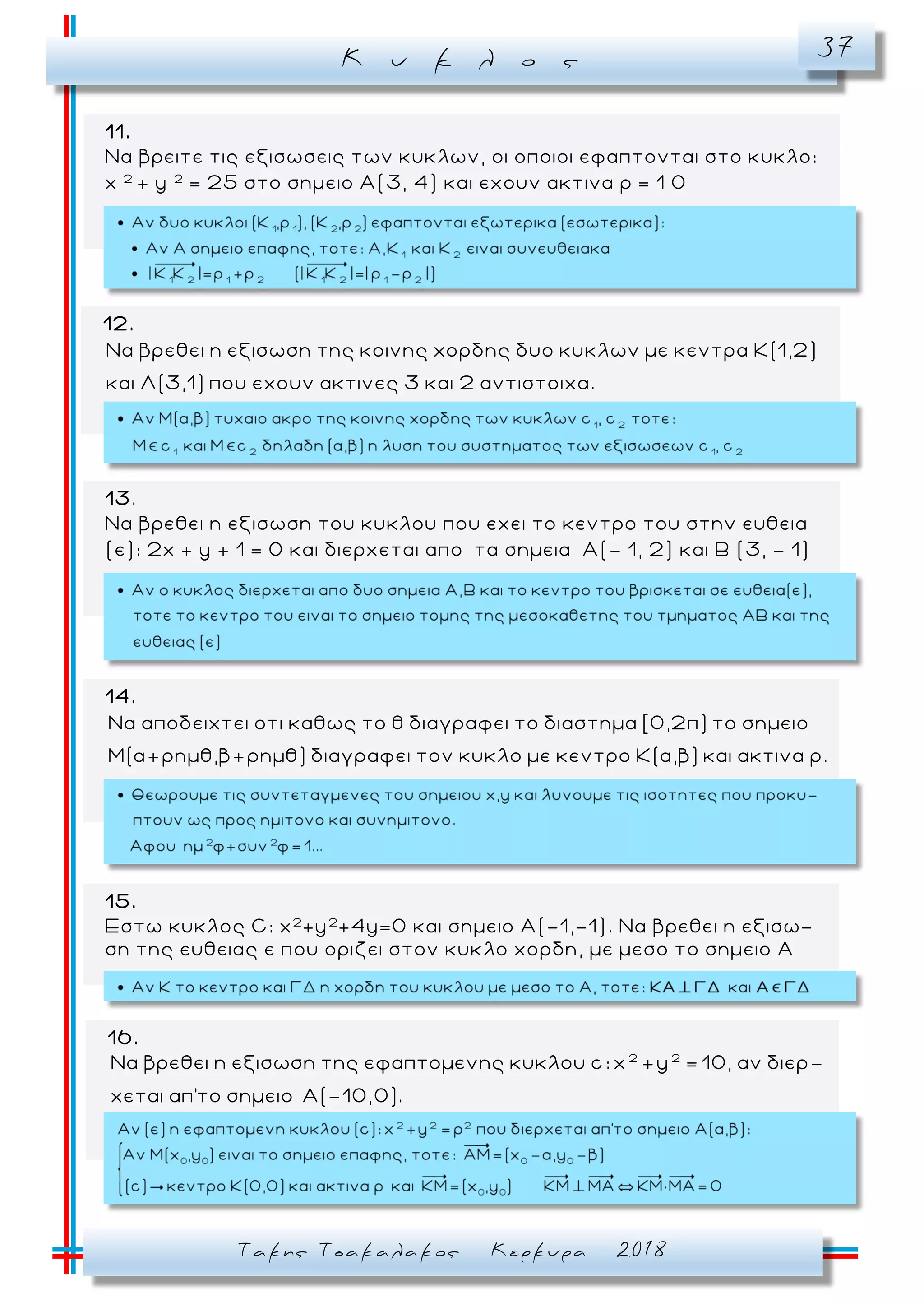 Κ υ κ λ ο ς 37
Τακης Τσακαλακος Κερκυρα 2018
11.
Να βρειτε τις εξισωσεις των κυκλων, οι οποιοι εφαπτονται στο κυκλο:
x 2
+ y 2
= 25 στο σημειο Α(3, 4) και εχουν ακτινα ρ = 1 0
12.
Να βρεθει η εξισωση της κοινης χορδης δυο κυκλων με κεντρα Κ(1,2)
και Λ(3,1) που εχουν ακτινες 3 και 2 αντιστοιχα.
13.
Να βρεθει η εξισωση του κυκλου που εχει το κεντρο του στην ευθεια
(ε): 2x + y + 1 = 0 και διερχεται απο τα σημεια Α(- 1, 2) και Β (3, - 1)
14.
Να αποδειχτει οτι καθως το θ διαγραφει το διαστημα [0,2π) το σημειο
Μ(α+ρημθ,β+ρημθ) διαγραφει τον κυκλο με κεντρο Κ(α,β) και ακτινα ρ.
15.
Εστω κυκλος C: x2
+y2
+4y=0 και σημειο Α(-1,-1). Να βρεθει η εξισω-
ση της ευθειας ε που οριζει στον κυκλο χορδη, με μεσο το σημειο Α
16.
2 2
Να βρεθει η εξισωση της εφαπτομενης κυκλου c: x +y = 10, αν διερ-
χεται απ'το σημειο Α(-10,0).
 