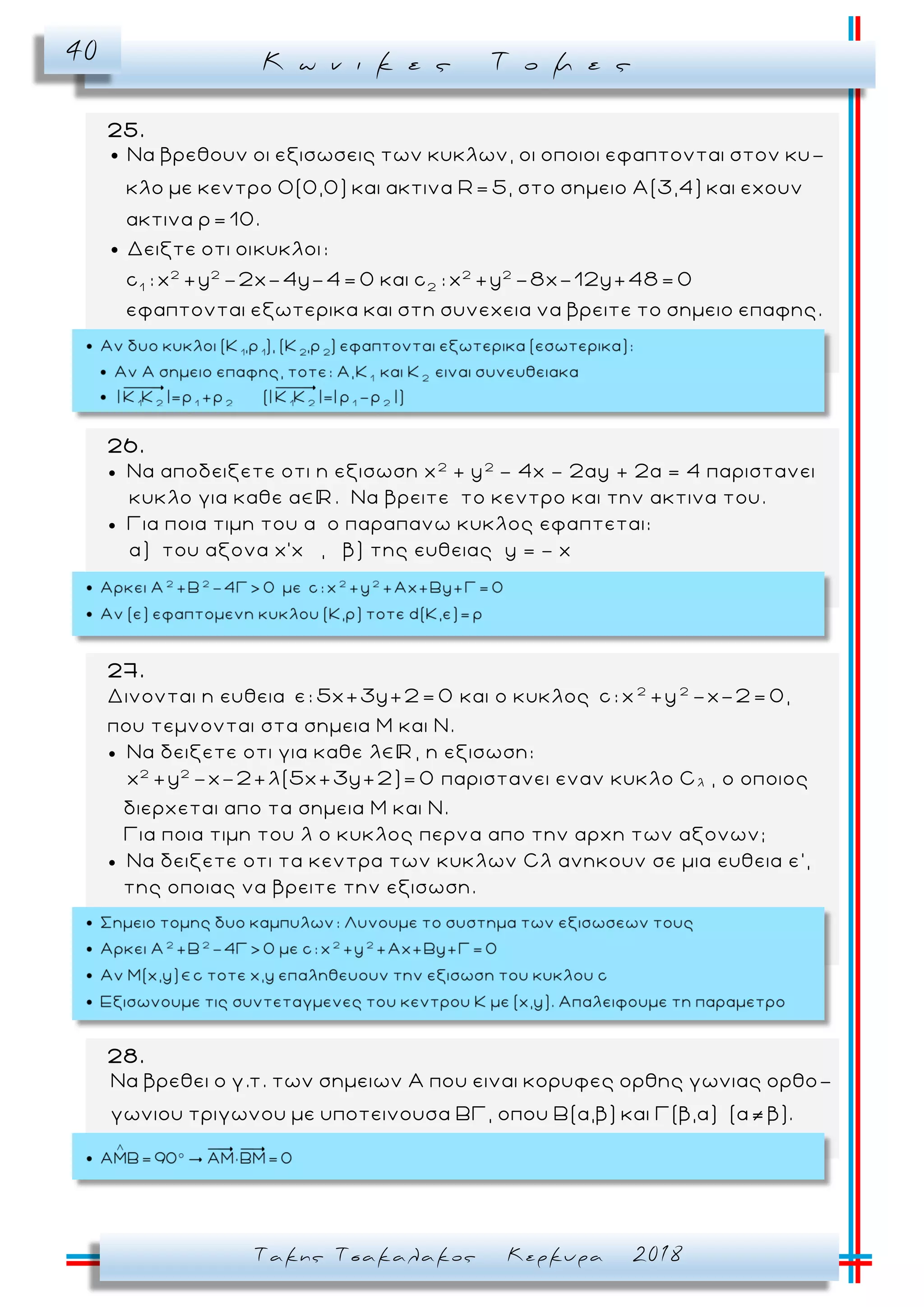 Κ ω ν ι κ ε ς Τ ο μ ε ς40
Τακης Τσακαλακος Κερκυρα 2018
25.
Να βρεθουν οι εξισωσεις των κυκλων, οι οποιοι εφαπτονται στον κυ-
κλο με κεντρο Ο(0,0) και ακτινα R= 5, στο σημειο Α(3,4) και εχουν
ακτινα ρ= 10.
Δειξτε οτι οικυκλο
2 2 2 2
1 2
ι:
c : x +y -2x-4y-4= 0 και c : x +y -8x-12y+48= 0
εφαπτονται εξωτερικα και στη συνεχεια να βρειτε το σημειο επαφης.
26.
 Να αποδειξετε οτι η εξισωση x2
+ y2
- 4x - 2αy + 2α = 4 παριστανει
κυκλο για καθε α . Να βρειτε το κεντρο και την ακτινα του.
 Για ποια τιμη του α ο παραπανω κυκλος εφαπτεται:
α) του αξονα x'x , β) της ευθειας y = - x
27.
Δινονται η ευθεια ε: 5x+3y+2= 0 και ο κυκλος 2 2
c: x +y -x-2= 0,
που τεμνονται στα σημεια Μ και Ν.
 Να δειξετε οτι για καθε λ , η εξισωση:
2 2
x +y -x-2+λ(5x+3y+2)= 0 παριστανει εναν κυκλο Cλ , ο οποιος
διερχεται απο τα σημεια Μ και Ν.
Για ποια τιμη του λ ο κυκλος περνα απο την αρχη των αξονων;
 Να δειξετε οτι τα κεντρα των κυκλων Cλ ανηκουν σε μια ευθεια ε ’,
της οποιας να βρειτε την εξισωση.
28.
Να βρεθει ο γ.τ. των σημειων Α που ειναι κορυφες ορθης γωνιας ορθο-
γωνιου τριγωνου με υποτεινουσα ΒΓ, οπου Β(α,β) και Γ(β,α) (α β).
 