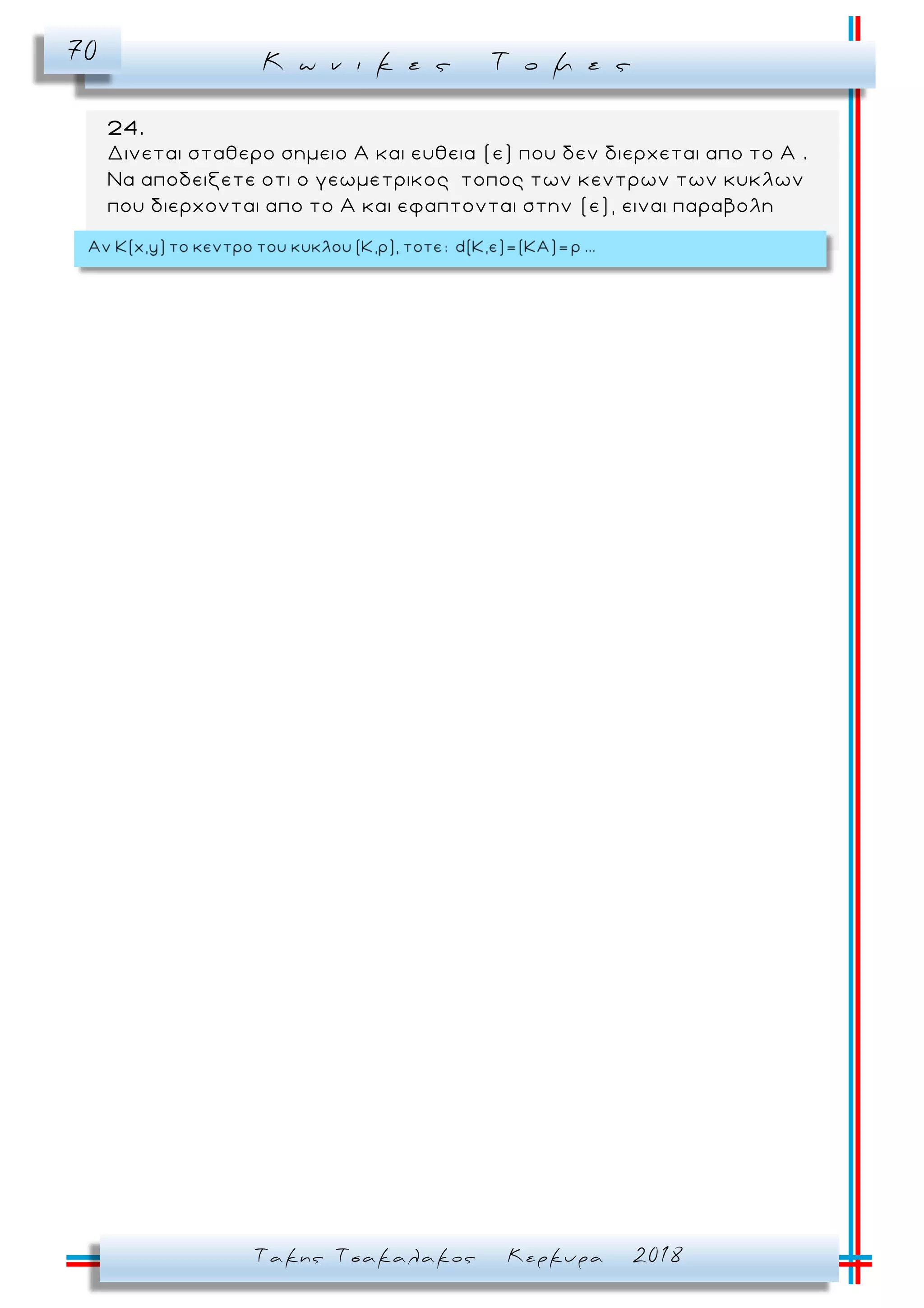 Κ ω ν ι κ ε ς Τ ο μ ε ς70
Τακης Τσακαλακος Κερκυρα 2018
24.
Δινεται σταθερο σημειο A και ευθεια (ε) που δεν διερχεται απο το A .
Να αποδειξετε οτι ο γεωμετρικος τοπος των κεντρων των κυκλων
που διερχονται απο το Α και εφαπτονται στην (ε), ειναι παραβολη
 