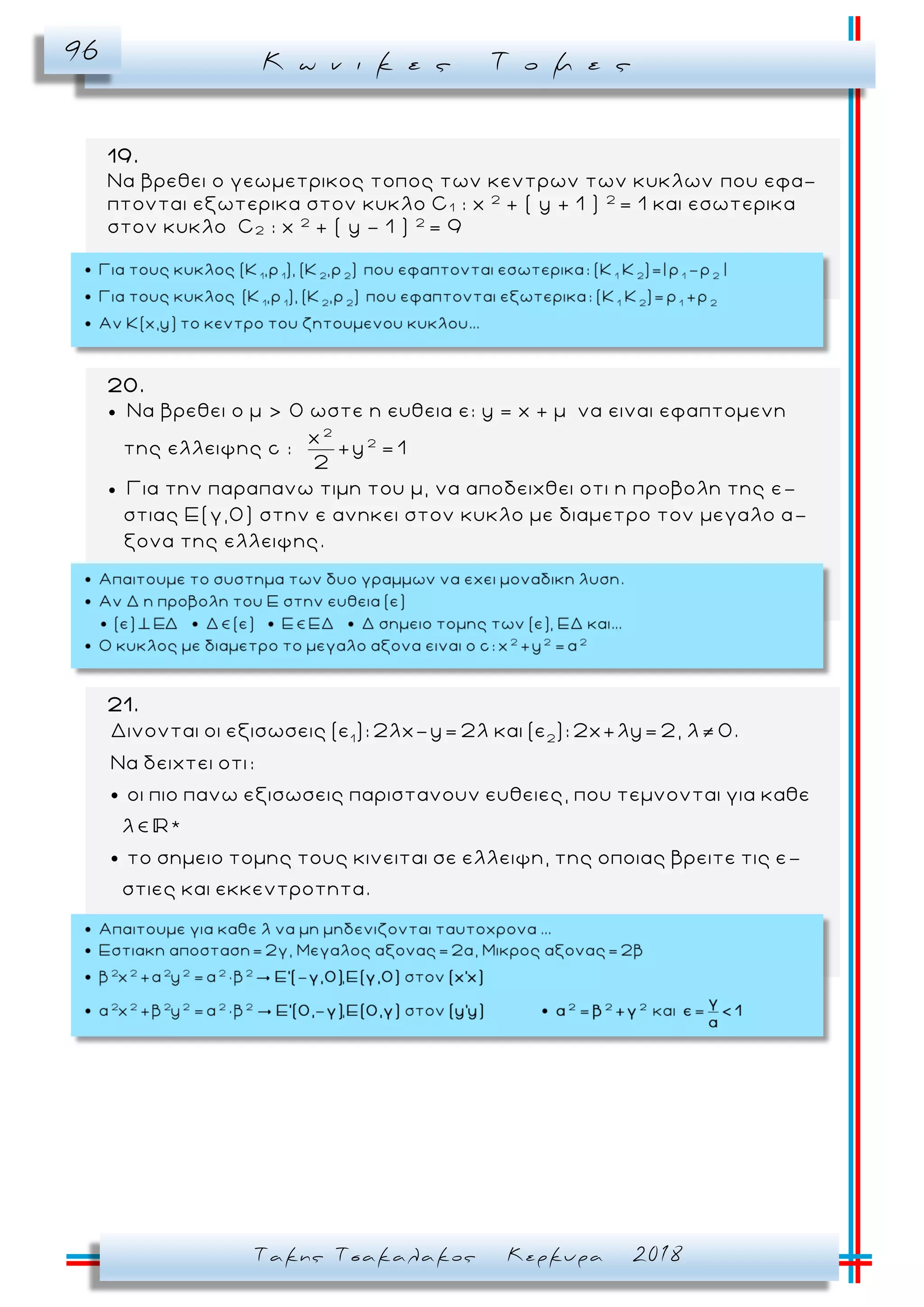 Κ ω ν ι κ ε ς Τ ο μ ε ς96
Τακης Τσακαλακος Κερκυρα 2018
19.
Να βρεθει ο γεωμετρικος τοπος των κεντρων των κυκλων που εφα-
πτονται εξωτερικα στον κυκλο C1 : x 2
+ ( y + 1 ) 2
= 1 και εσωτερικα
στον κυκλο C2 : x 2
+ ( y - 1 ) 2
= 9
20.
 Να βρεθει ο μ > 0 ωστε η ευθεια ε: y = x + μ να ειναι εφαπτομενη
της ελλειψης c :
2
2x
+y = 1
2
 Για την παραπανω τιμη του μ, να αποδειχθει οτι η προβολη της ε -
στιας Ε(γ,0) στην ε ανηκει στον κυκλο με διαμετρο τον μεγαλο α -
ξονα της ελλειψης.
21.
1 2
Δινονται οι εξισωσεις (ε ): 2λx-y= 2λ και (ε ): 2x+λy= 2, λ 0.
Να δειχτει οτι:
οι πιο πανω εξισωσεις παριστανουν ευθειες, που τεμνονται για καθε
λ *
το σημειο τομης τους κινειται σε ελλειψη, της οποιας βρειτε τις ε-
στιες και εκκεντροτητα.
 