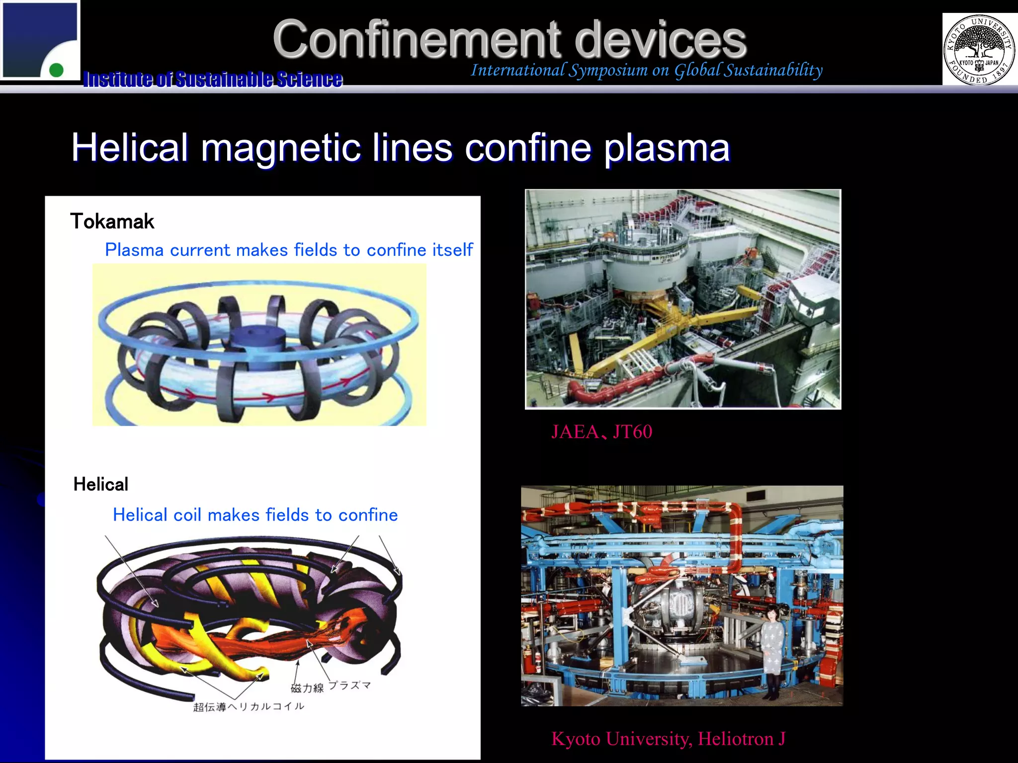 Confinement devices     International Symposium on Global Sustainability
 Institute of Sustainable Science


Helical magnetic lines confine plasma
Tokamak
    Plasma current makes fields to confine itself




                                                           JAEA、JT60

Helical
     Helical coil makes fields to confine




                                                           Kyoto University, Heliotron J
 