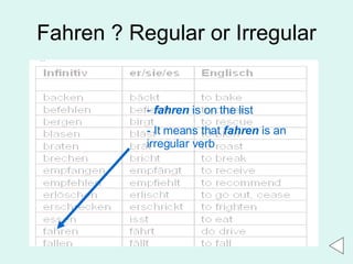 Fahren ? Regular or Irregular -   fahren  is on the list - It means that  fahren  is an irregular verb 