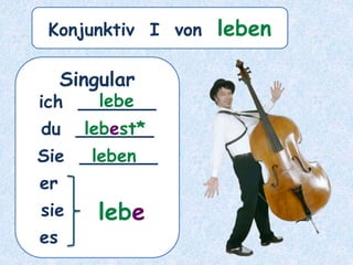 Singular
ich _______
du _______
Sie _______
er ______
sie ______
es ______
lebe
lebest*
leben
lebe
Konjunktiv I von leben
 