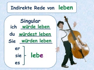 Singular
ich __________
du ___________
Sie ___________
er ______
sie ______
es ______
würde leben
würdest leben
würden leben
lebe
Indirekte Rede von leben
 