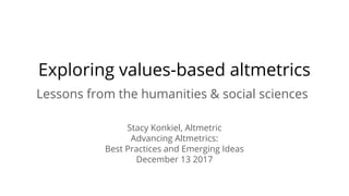 Exploring values-based altmetrics
Lessons from the humanities & social sciences
Stacy Konkiel, Altmetric
Advancing Altmetrics:
Best Practices and Emerging Ideas
December 13 2017
 