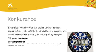 Konkurence Sacensība, kurā indivīds vai grupa tiecas sasniegt savus mērķus, pārspējot citus indivīdus vai grupas, kas tiecas sasniegt tos pašus (vai tādus pašus) mērķus.  RU  конкуренция , EN  competition © Autoru kolektīvs Valentīnas Skujiņas vadībā: Inārs Beļickis, Dainuvīte Blūma, Tatjana Koķe, Dace Markus, Arvils Šalme; Zvaigzne ABC, 2000; © Tilde, 2009 