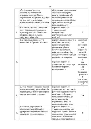 19
зберігання та охорону
спеціально обладнаних
транспортних засобів для
перевезення побутових відходів
на підставі та у порядку,
встановленому законодавством
обладнаних транспортних
засобів забезпечують
штатні працівники або
інше підприємство за
договором на власній або
орендованій території
виконавця послуг
6.
Наявність системи контролю
руху спеціально обладнаних
транспортних засобів під час
збирання та перевезення
побутових відходів
перевага надається
учасникові, що
використовує
супутникову систему
навігації
5
7.
Вартість надання послуг з
вивезення побутових відходів
вартість надання послуг з
вивезення твердих,
великогабаритних,
ремонтних, рідких
побутових відходів,
небезпечних відходів у
складі побутових відходів
порівнюється окремо
перевага надається
учасникові, що пропонує
найменшу вартість
надання послуг
оцінюван
ня
проводит
ься
окремо по
кожній
категорії
споживач
ів
для
населення
– 10
для
бюджетни
х установ –
5
для інших
споживачів
– 5
8.
Досвід роботи з надання послуг
з вивезення побутових відходів
відповідно до вимог стандартів,
нормативів, норм та правил
перевага надається
учасникові, що має досвід
роботи з надання послуг з
вивезення побутових
відходів відповідно до
вимог стандартів,
нормативів, норм та
правил понад три роки
20
9.
Наявність у працівників
відповідної кваліфікації (з
урахуванням пропозицій щодо
залучення співвиконавців)
перевага надається
учасникові, який не має
порушень правил безпеки
дорожнього руху водіями
спеціально обладнаних
транспортних засобів під
5
 