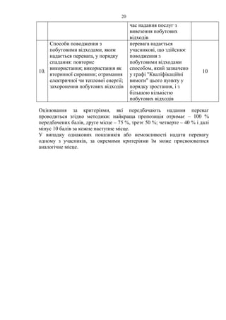 20
час надання послуг з
вивезення побутових
відходів
10.
Способи поводження з
побутовими відходами, яким
надається перевага, у порядку
спадання: повторне
використання; використання як
вторинної сировини; отримання
електричної чи теплової енергії;
захоронення побутових відходів
перевага надається
учасникові, що здійснює
поводження з
побутовими відходами
способом, який зазначено
у графі "Кваліфікаційні
вимоги" цього пункту у
порядку зростання, і з
більшою кількістю
побутових відходів
10
Оцінювання за критеріями, які передбачають надання переваг
проводиться згідно методики: найкраща пропозиція отримає – 100 %
передбачених балів, друге місце – 75 %, третє 50 %; четверте – 40 % і далі
мінус 10 балів за кожне наступне місце.
У випадку однакових показників або неможливості надати перевагу
одному з учасників, за окремими критеріями їм може присвоюватися
аналогічне місце.
 