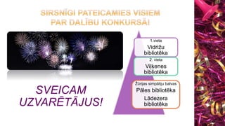 SVEICAM
UZVARĒTĀJUS!
1.vieta
Vidrižu
bibliotēka
2. vieta
Viļķenes
bibliotēka
Žūrijas simpātiju balvas
Pāles bibliotēka
Lādezera
bibliotēka
 