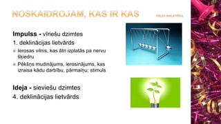 Impulss - vīriešu dzimtes
1. deklinācijas lietvārds
 Ierosas vilnis, kas ātri izplatās pa nervu
šķiedru
 Pēkšņs mudinājums, ierosinājums, kas
izraisa kādu darbību, pārmaiņu; stimuls
Ideja - sieviešu dzimtes
4. deklinācijas lietvārds
 