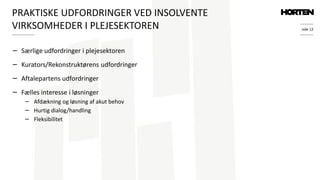 side 12
− Særlige udfordringer i plejesektoren
− Kurators/Rekonstruktørens udfordringer
− Aftalepartens udfordringer
− Fælles interesse i løsninger
− Afdækning og løsning af akut behov
− Hurtig dialog/handling
− Fleksibilitet
PRAKTISKE UDFORDRINGER VED INSOLVENTE
VIRKSOMHEDER I PLEJESEKTOREN
 