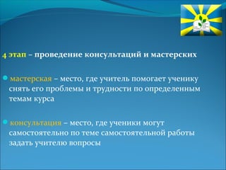 4 этап – проведение консультаций и мастерских 
мастерская – место, где учитель помогает ученику 
снять его проблемы и трудности по определенным 
темам курса 
консультация – место, где ученики могут 
самостоятельно по теме самостоятельной работы 
задать учителю вопросы 
 