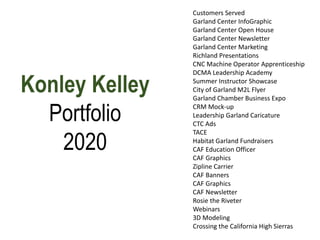 Konley Kelley
Portfolio
2020
Customers Served
Garland Center InfoGraphic
Garland Center Open House
Garland Center Newsletter
Garland Center Marketing
Richland Presentations
CNC Machine Operator Apprenticeship
DCMA Leadership Academy
Summer Instructor Showcase
City of Garland M2L Flyer
Garland Chamber Business Expo
CRM Mock-up
Leadership Garland Caricature
CTC Ads
TACE
Habitat Garland Fundraisers
CAF Education Officer
CAF Graphics
Zipline Carrier
CAF Banners
CAF Graphics
CAF Newsletter
Rosie the Riveter
Webinars
3D Modeling
Crossing the California High Sierras
 