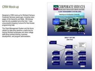 CRM Mock-up
Designed a CRM mock-up for Richland Campus
Corporate Services (years ago), including many
pages of the hierarc...
